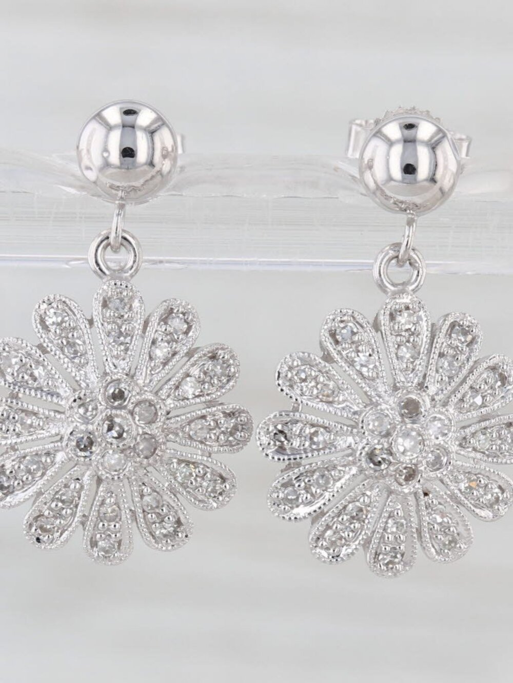 0.30ctw Diamond Flower Dangle Earrings 14k White Gold Floral Drops